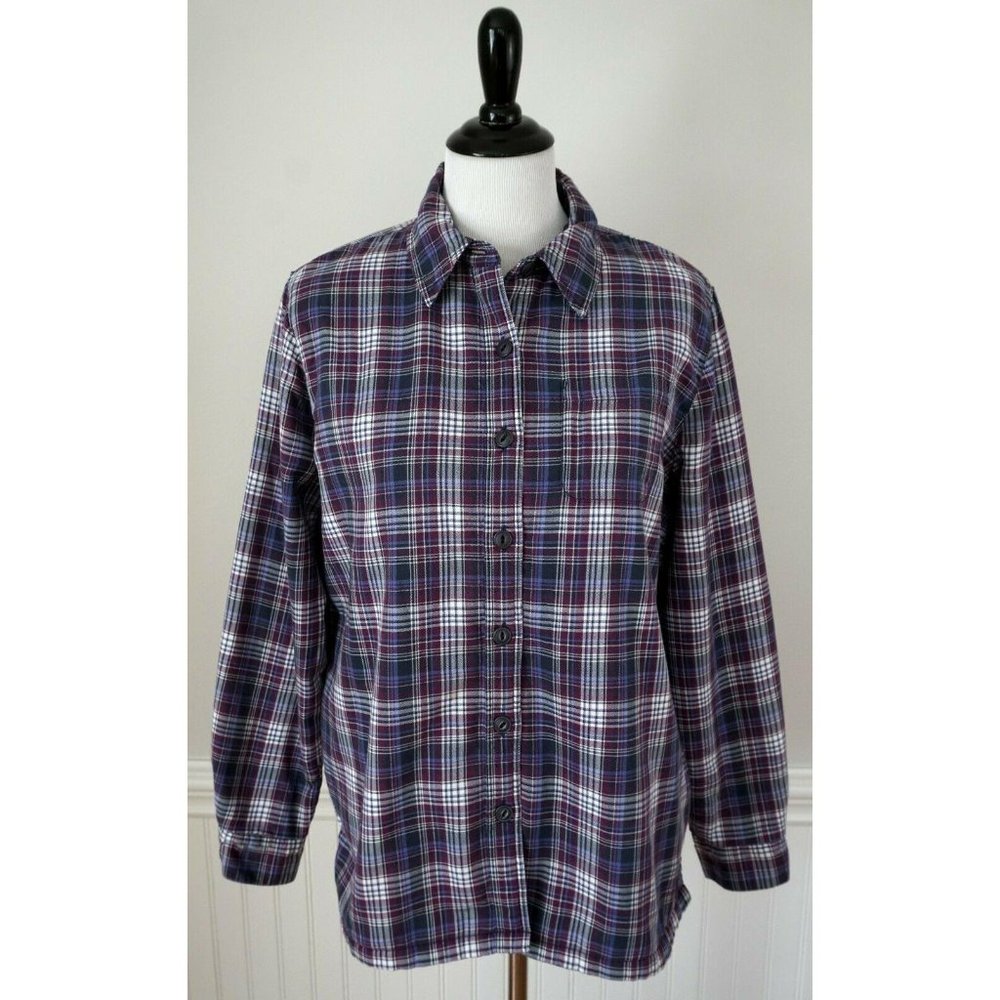 L.L. BEAN Purple White Plaid Fleece Lined Shirt